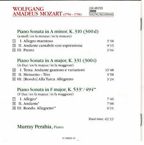 Wolfgang Amadeus Mozart, Murray Perahia - Mozart Piano Sonatas K.310 - K.331 - K.533/494